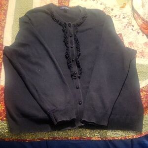 Lands End Black Cardigan Sweater with Ruffled Detail
